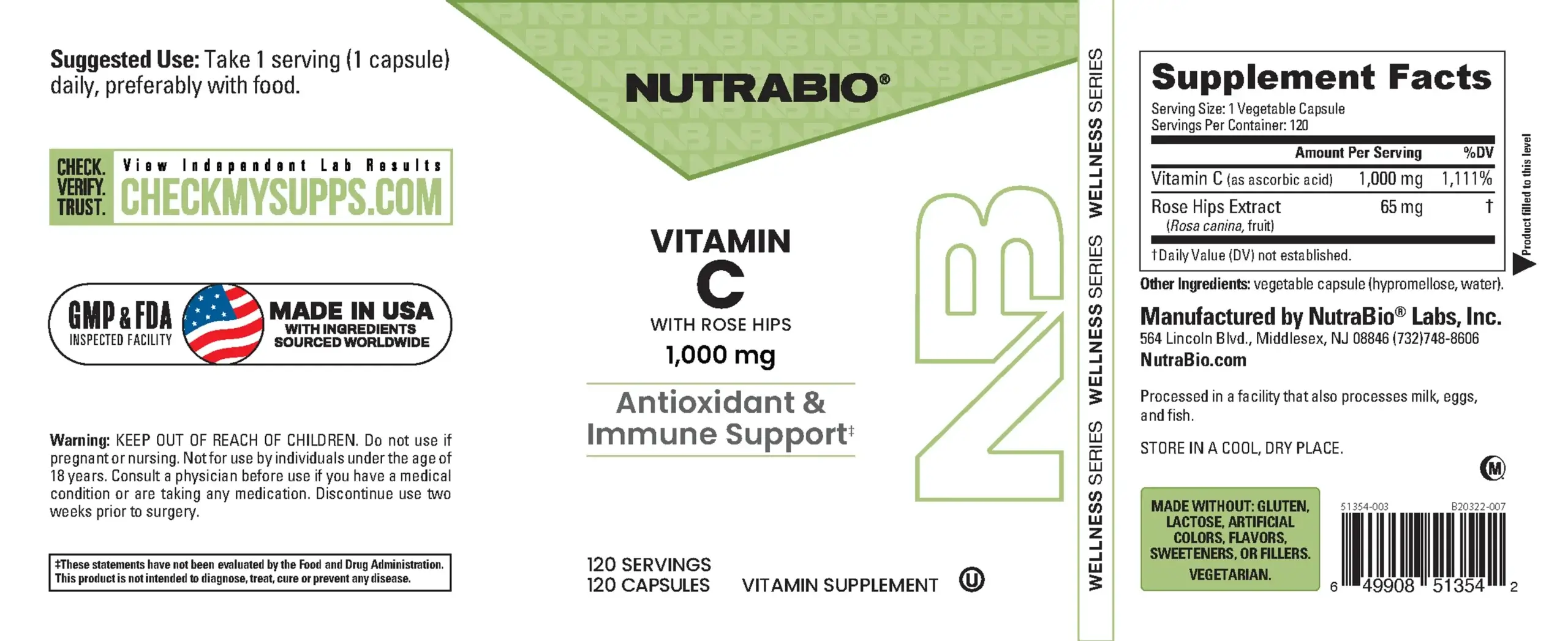 Vitamina C 1000 mg con Rose Hips NutraBio – 120 caps - Imagen 5