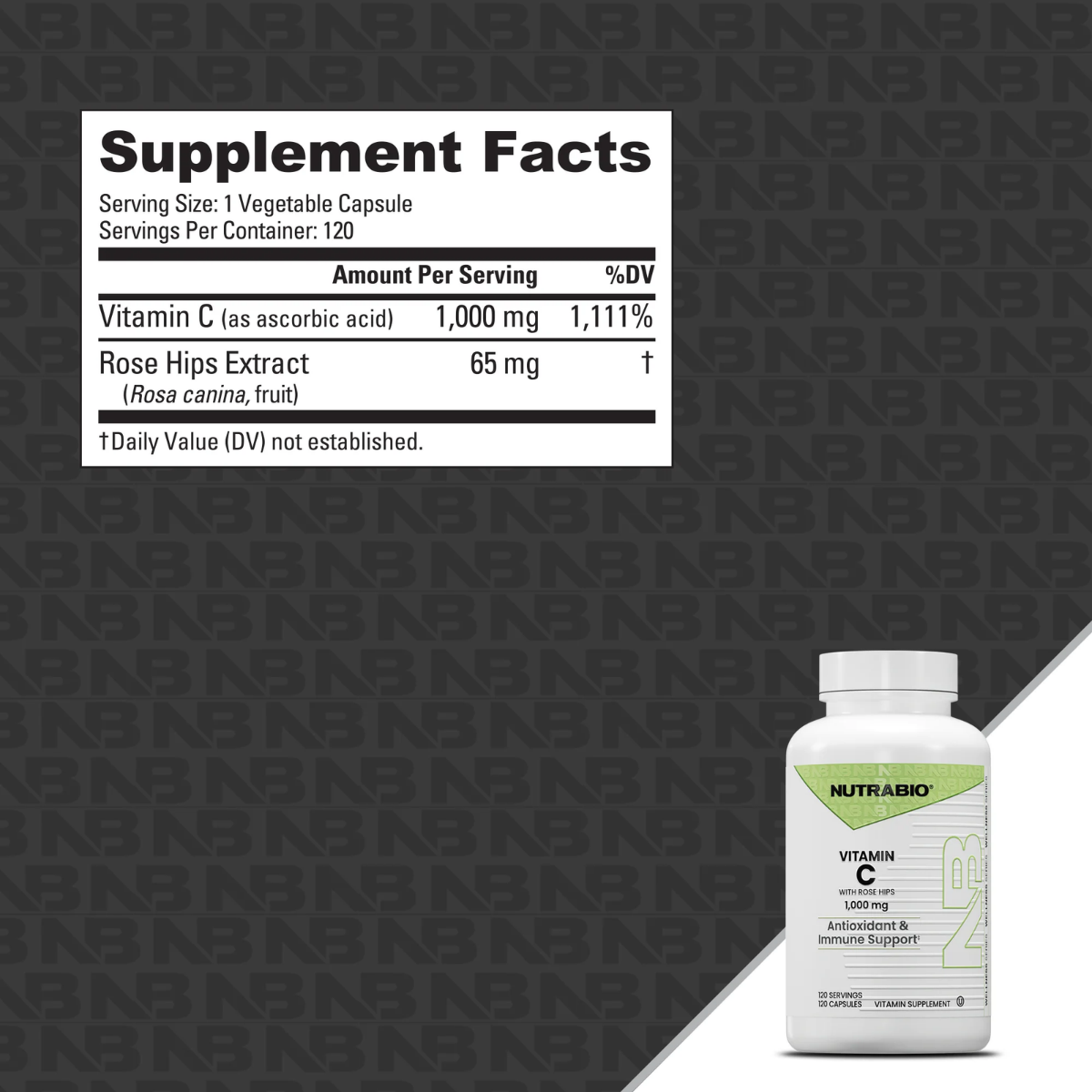 Vitamina C 1000 mg con Rose Hips NutraBio – 120 caps - Imagen 2