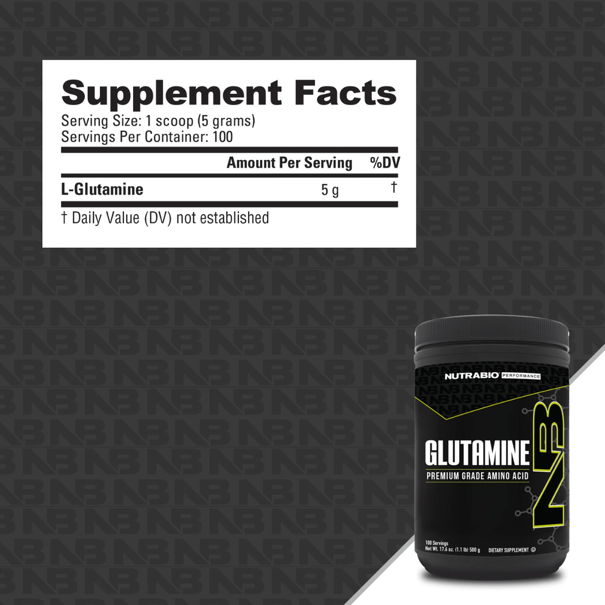 Glutamina 100 servidas NutraBio Supplement Facts Glutamina en Polvo, informacion nutricional.