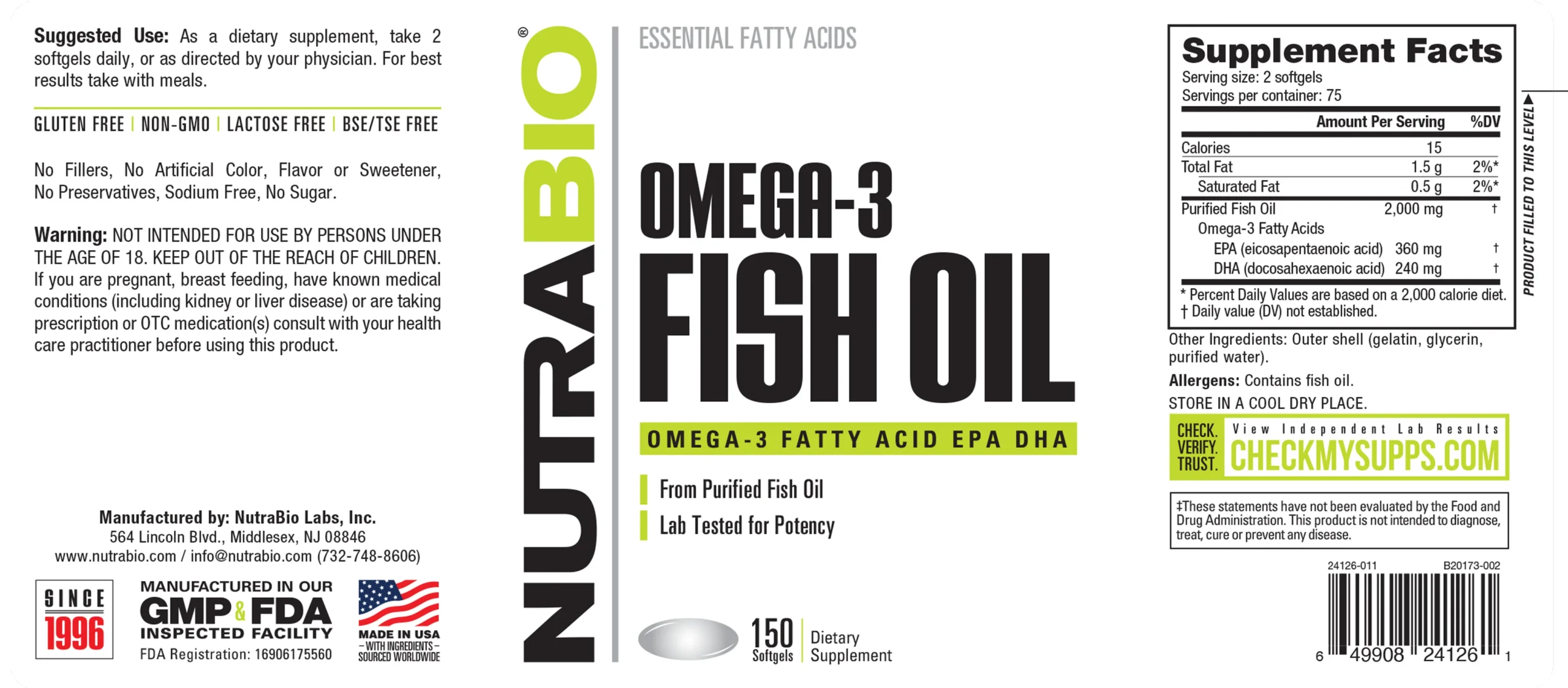 Omega 3 NutraBio - Aceite de Pescado, 150 softgels - Imagen 3