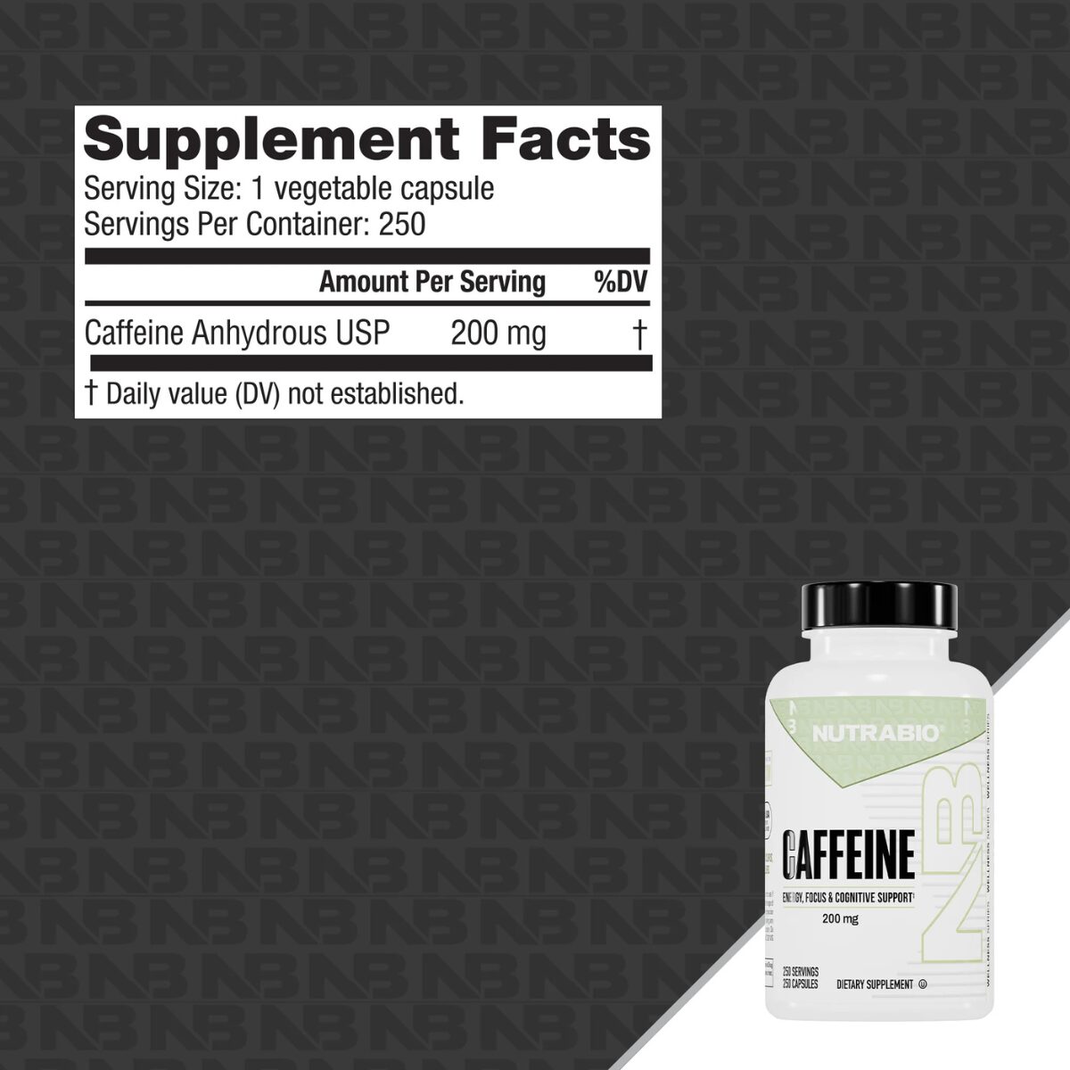 Cafeina en pastillas NutraBio Supp Fact