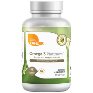 Botella Zahler Omega 3 Platinum 90 softgels, EPA 600 mg + DHA 400 mg por porción, forma TG