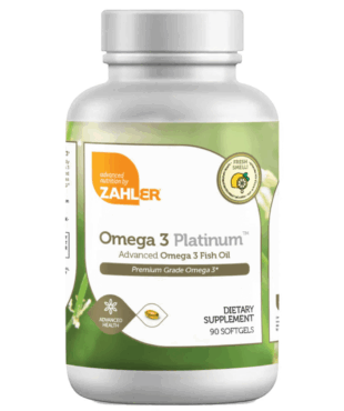 Botella Zahler Omega 3 Platinum 90 softgels, EPA 600 mg + DHA 400 mg por porción, forma TG