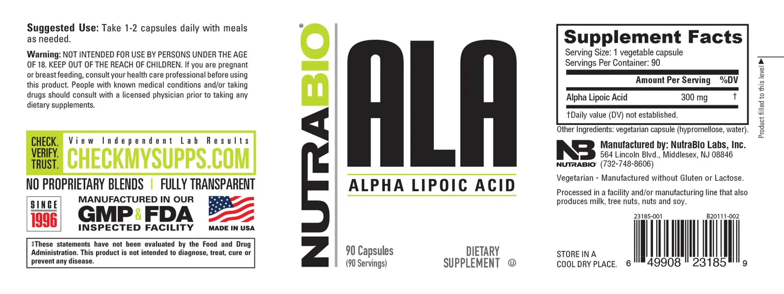 Alpha Lipoic Acid NutraBio Label