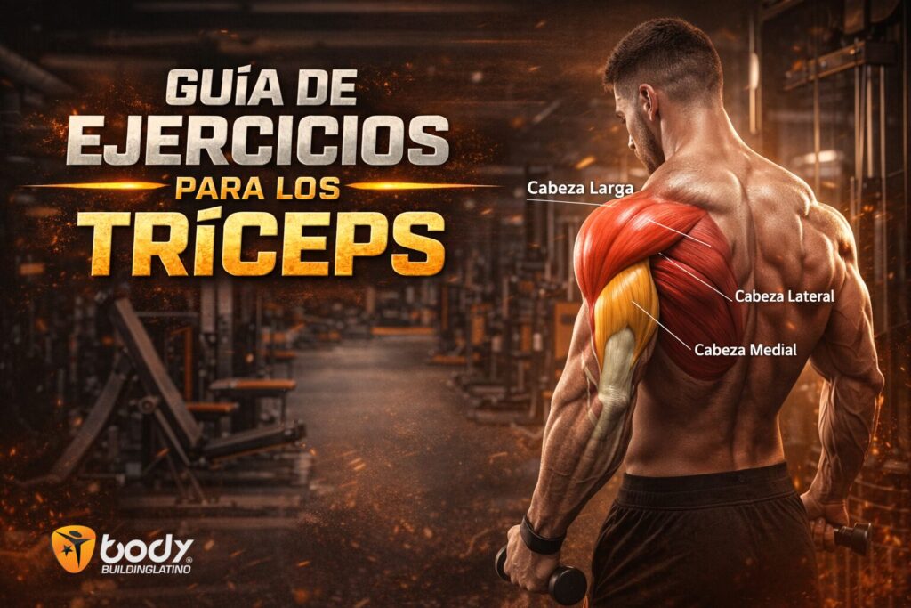 Guía de ejercicios para tríceps mostrando la anatomía muscular y sus tres cabezas