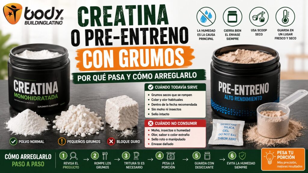 Creatina y pre-entreno con grumos junto a polvo normal y consejos de conservación