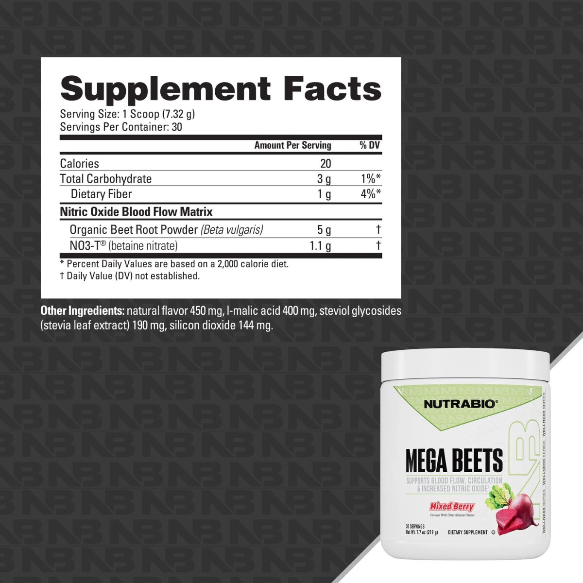 Supplement Facts de NutraBio Mega Beets con 5 g de remolacha y 1.1 g de NO3-T