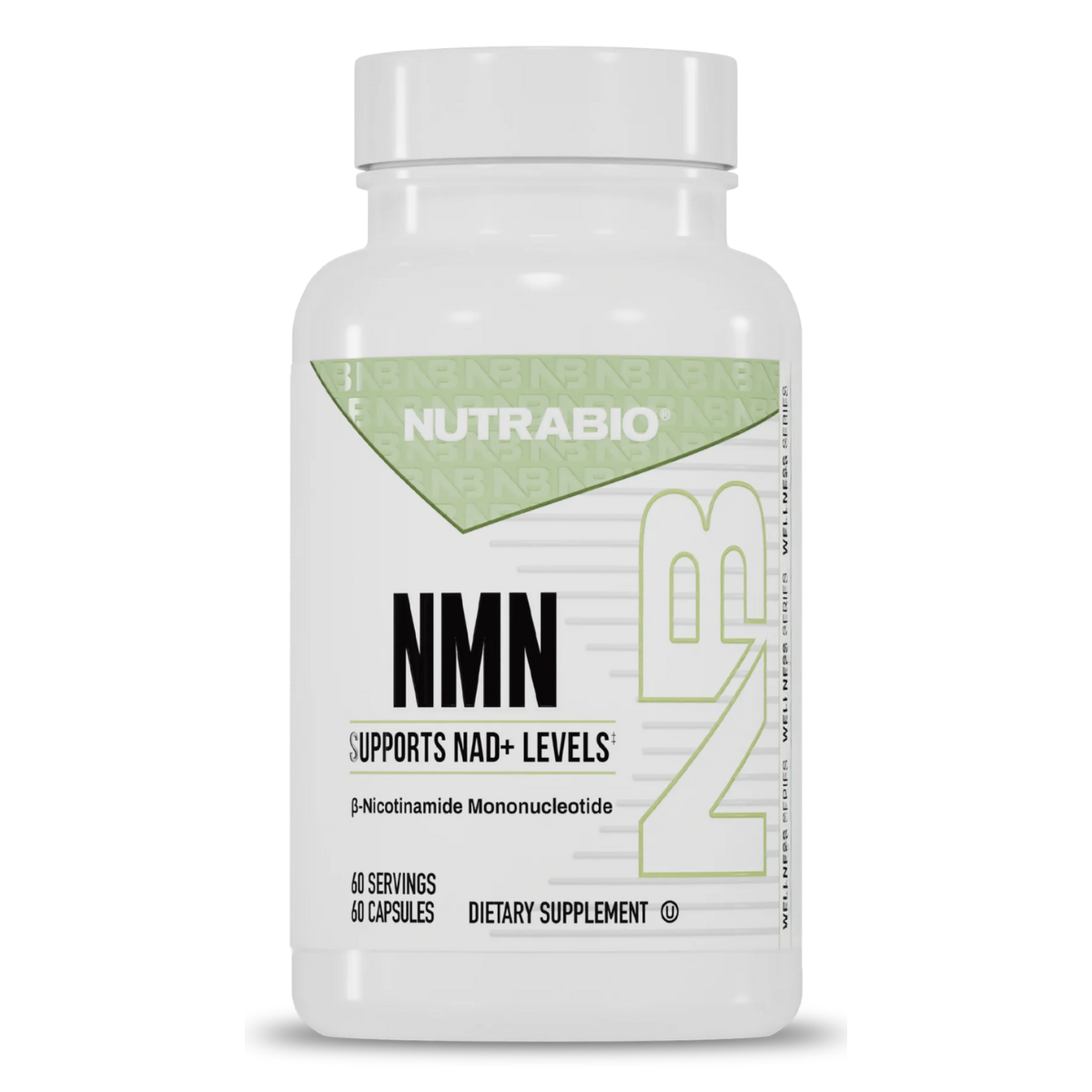 NutraBio NMN 500 mg, Suplemento de Longevidad y Energía Celular Frasco de NutraBio NMN 500 mg en cápsulas – Suplemento para longevidad y aumento de NAD⁺