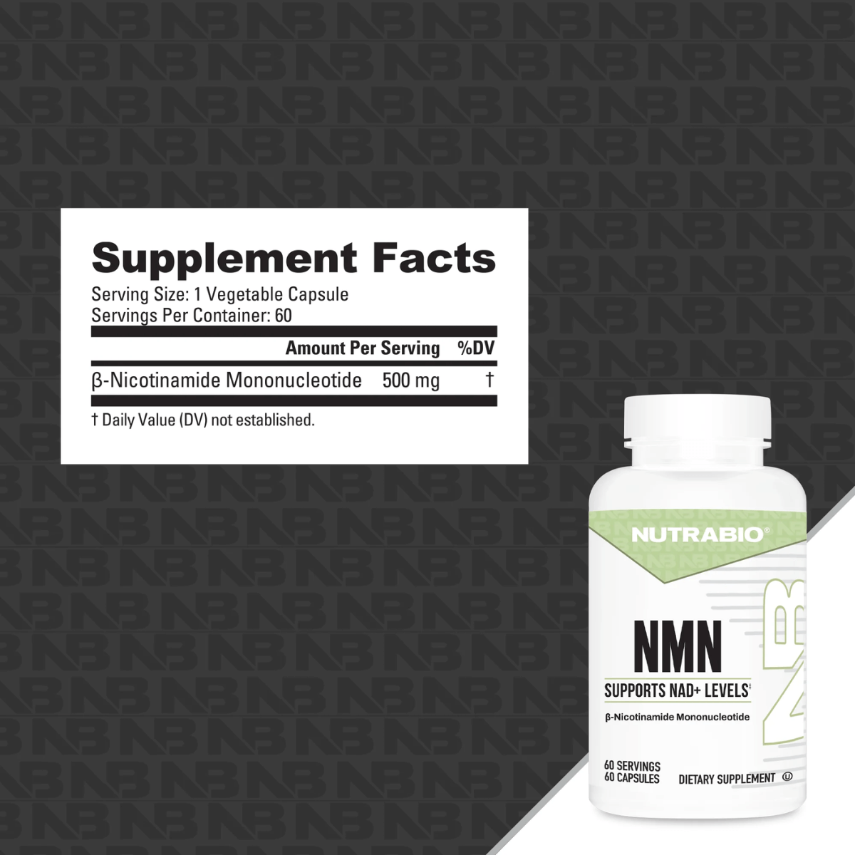 NutraBio NMN 500 mg – Tabla de información nutricional (Supplement Facts)