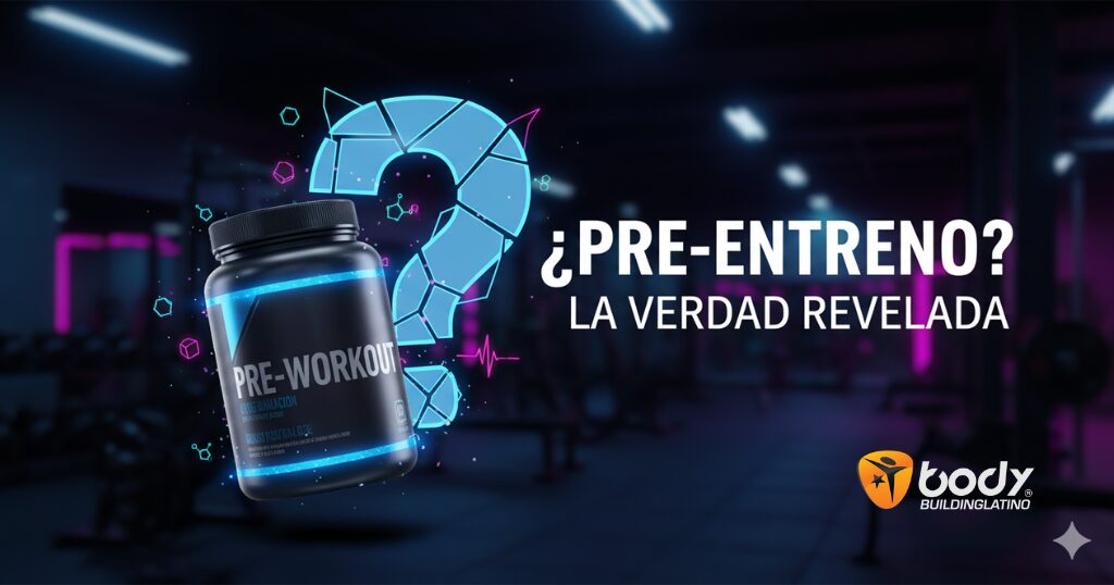 Bote de pre-entreno con signo de interrogación y texto: ¿Es Malo el Pre-entreno? Guía sobre riesgos y dosis.