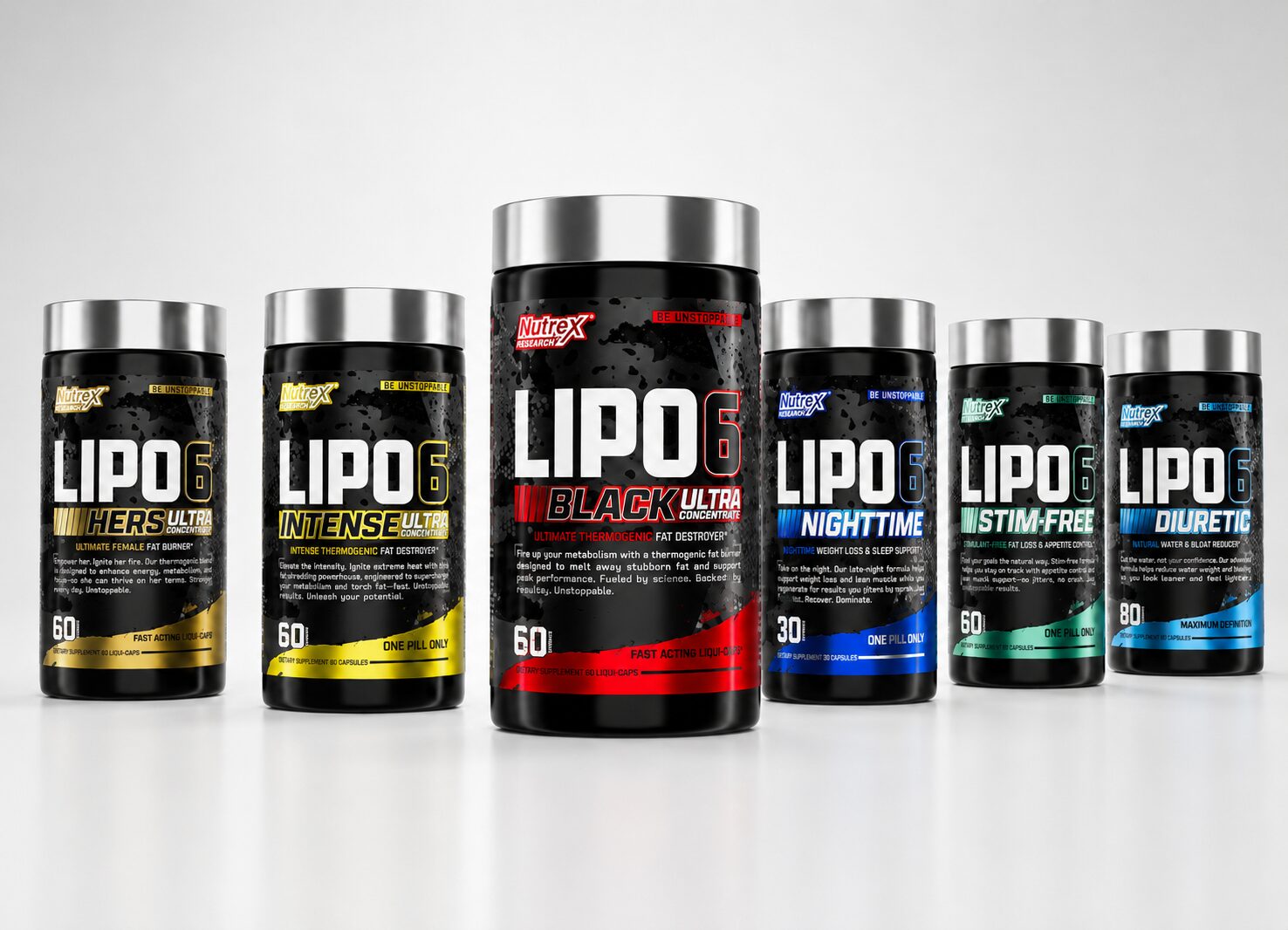 Comparación de Lipo-6 Black UC, Hers UC, Intense UC, Nighttime, Stim-Free y Diuretic de Nutrex en Panamá