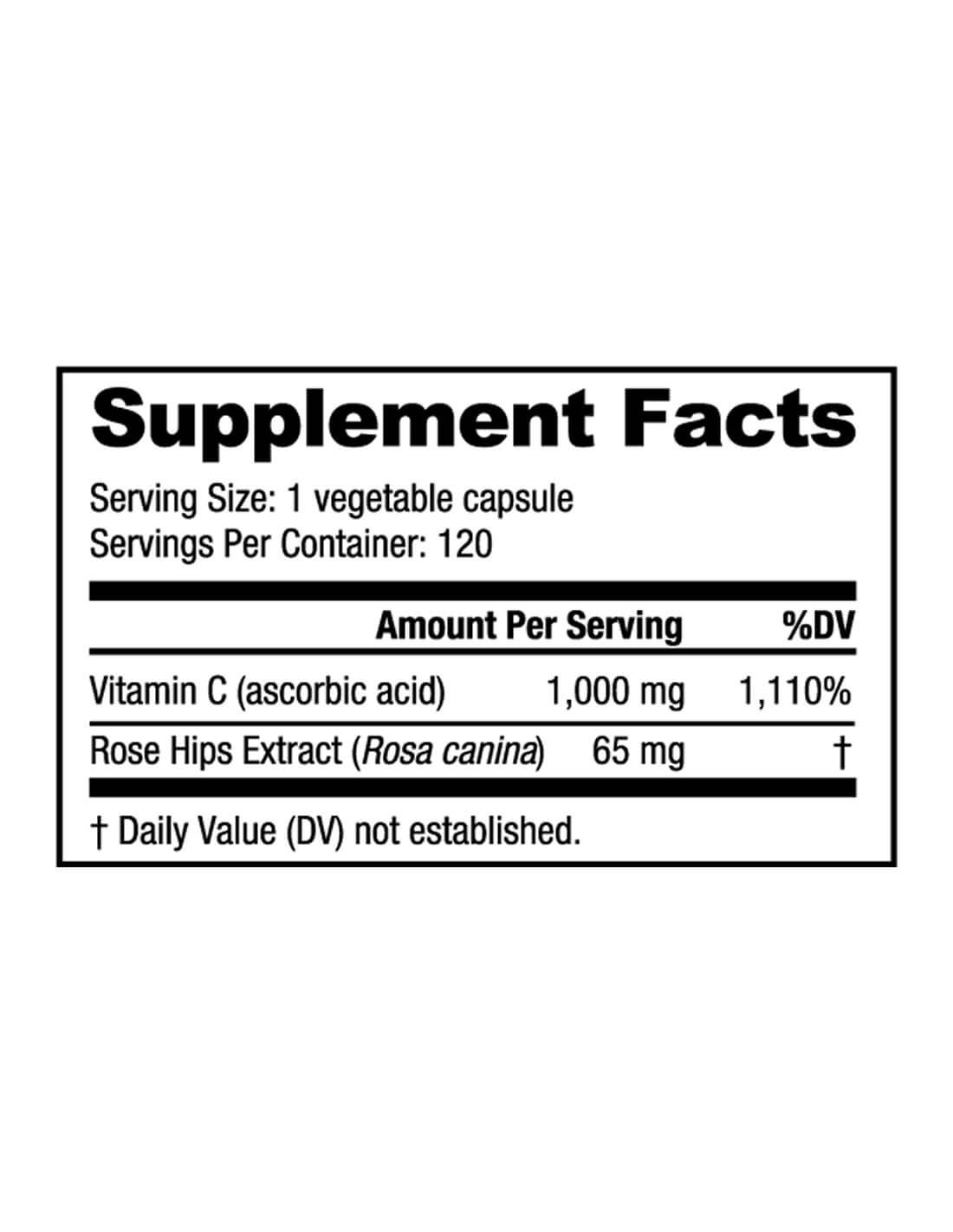 Vitamina C 1000mg + Rose Hips (120 vege caps) | Kosher